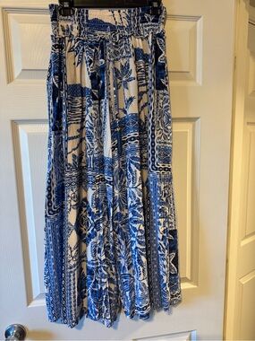 Blue and White Printed Pants with Smocked Waist